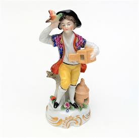 ,RARE 1758-1770 CHELSEA PORCELAIN BOY WITH BIRDS FIGURINE (GOLD ANCHOR PERIOD). 4.75" TALL. TIP OF STUMP HAS PROFESSIONAL REPAIR            