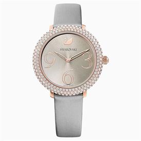 _,CRYSTAL FROST WATCH IN GREY & ROSE GOLD. LEATHER STRAP. 1.4" CASE, 7.5" STRAP. SWISS MADE.                                                
