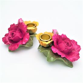,RARE SCULPTED ROSES TAPER CANDLE HOLDER PAIR WITH ORIGINAL BOX. 2" TALL, 4.4" LONG, 3.25" WIDE                                             