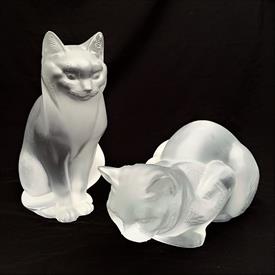 ,'CHAT ASSIS' CAT SITTING (EAR CHIPPED) & 'CHAT COUCHE' CAT CROUCHING LARGE SCULPTURES. ORGINALLY DESIGNED BY MARC LALIQUE IN 1930          