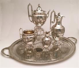 ,GRECO-ROMAN STYLE 4PC COFFEE & TEA SERVICE 73.11 TROY OZ. BY MARTIN, HALL & CO., LONDON, CA 1874. INCLUDES THE MATCHING SILVER PLATED TRAY 