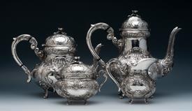,LANGMAN'S 4 PIECE STERLING SILVER TEA SET HAND MADE 84.35 T.OZ. NICE CONDITION                                                             