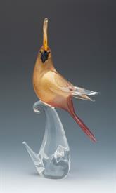 _,54-4733 COCKATOO ON CLEAR BRANCH W/CLOSED WINGS AND RUBY & GOLD COLORING 24KT GOLD FLECKS ON CLEAR BASE 13.5"T                            
