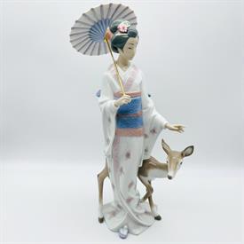 ,6396 'ORIENTAL FOREST' JAPANESE GEISHA GIRL WITH PARASOL & DEER FIGURINE. 13.5" TALL. COMES WITH ORIGINAL BOX & PAPERWORK.                 