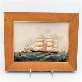 ,VINTAGE FRAMED WEDGWOOD BONE CHINA PLAQUE FEATURING THE SHIP 'HURRICANE' FROM A PAINTING IN THE PEABODY MUSEUM. 12.4" WIDE, 9.8" TALL      