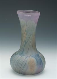 HAND BLOWN & HAND PAINTED 'DRIP GLAZE' STYLE VASE IN FROSTED PURPLES, BLUES, & GOLDS. MODEL NUMBER 59146. 8" TALL, 4" WIDE                  