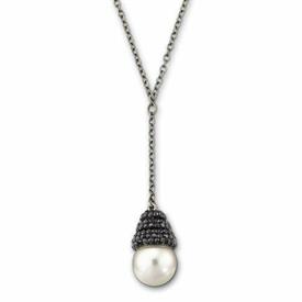 ,'PIANO' PEARL & PAVE CRYSTAL PENDANT NECKLACE. 16"-17.5" CHAIN. 1.75" DROP                                                                 