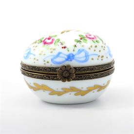 ,VINTAGE EGG SHAPED TRINKET BOX WITH PINK ROSE & BLUE BOW MOTIF. HAND PAINTED, SIGNED. 1.5" TALL, 2.1" LONG, 2.65" WIDE                     