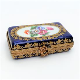 ,PERRY VIEILLE TRADITIONAL COBALT BLUE & GOLD TRINKET BOX WITH FLORAL DETAILS. .75" TALL, 2.25" WIDE, 1.5" LONG                             