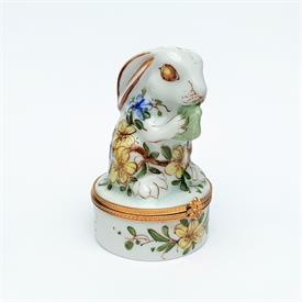 ,RETIRED WHITE BUNNY RABBIT EATING LETTUCE WITH BLUE & YELLOW FLOWERS TRINKET BOX. 3.5" TALL, 2.25" WIDE                                    