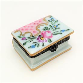 ,VINTAGE PORCELAIN BOOK SHAPED TRINKET BOX. HAND PAINTED, SIGNED 'PG'. 1.75" LONG, 1.45" WIDE, .9" TALL. CA. 1960'S                         