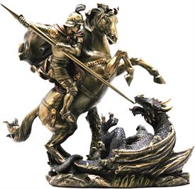 -,SAINT GEORGE ON HORSEBACK SLAYING THE DRAGON COLD CAST BRONZE STATUE. 8.5" TALL, 9" LONG                                                  