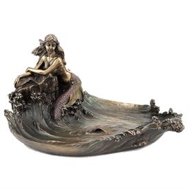 -,MERMAID LEANING ON ROCK FIGURINE. COLD CAST BRONZE. 11.4" LONG, 8.6" WIDE, 5.8" TALL                                                      