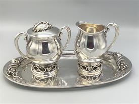 ,CREAMER & SUGAR BOWL WITH TRAY, SOLID STERLING SILVER, 38.27 TROY OUNCES, MADE IN MEXICO, BEAUTIFUL GRAPE MOTIF                            