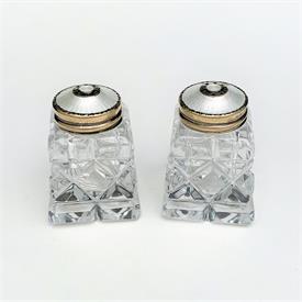 ,PAIR OF CUT CRYSTAL, GILT STERLING SILVER & WHITE GUILLOCHE ENAMELED SALT & PEPPER SHAKERS BY HROAR PRYDZ. 1.75" TALL, .26 OZT             