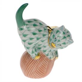 ,GREEN AND WHITE MINIATURE CAT ON BALL OF YARN.  1.5" TALL & 1.75" WIDE                                                                     
