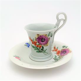 ,SWAN HANDLE DEMITASSE CUP & SAUCER WITH FLORAL MOTIF. CA. 1815-1924. SCRATCH ON SAUCER. CUP MEASURES 3.25" TALL, SAUCER 4.5" WIDE          