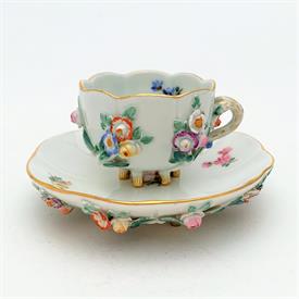 ,CA. 1815-1924 APPLIED FLOWERS DEMITASSE CUP & SAUCER. CUP MEASURES 1.75" TALL, 3" WIDE. SAUCER MEASURES 4.3" WIDE                          