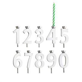 -:SET OF 10 SILVERPLATE NUMBER CANDLE HOLDERS. INCLUDES 24 CANDLES. SILVER-PLATE. 1.25" TALL. BREAKAGE REPLACEMENT AVAILABLE.               