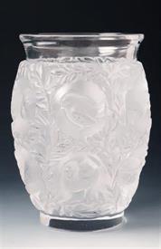 -BAGATELLE VASE  CLEAR WITH LOVEBIRDS NESTING IN TREE BRANCHES 7"TALL OVATE SHAPPED.                                                        