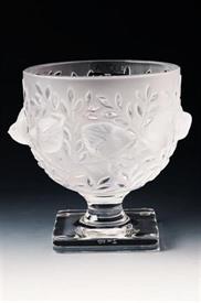 ,-ELIZABETH VASE CLEAR ROUND FOOTED WITH LOVEBIRDS IN BRANCHES 5.5" HIGH 4 3/4" WIDE                                                        