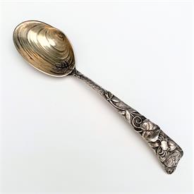 ,1880'S AESTHETIC MOVEMENT SPOON IN THE STYLE OF 'NARRAGANSETT'. HAND WROUGHT/HAMMERED WITH GILT SHELL BOWL & APPLIED CRAB. 1.35 OZT, 6.75".