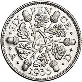 .KINGS OF ENGLAND SILVER SIXPENCE 50% CLAD SILVER SIX PENCE MADE BETWEEN 1906-1946 MADE OF 50% SILVER REST IS COPPER NICKEL                 