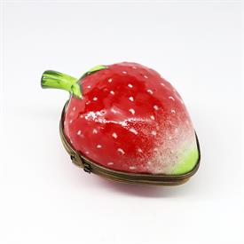 ,RETIRED STRAWBERRY SHAPED TRINKET BOX BY GERARD RIBIERRE. HAND PAINTED, SIGNED. 1.5" TALL, 2" LONG, 2.65" WIDE                             