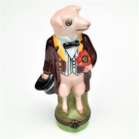 ,RETIRED GENTLEMAN PIG ON A VISIT TRINKET BOX. HAND PAINTED, SIGNED. 4.5" TALL, 2.25" LONG, 1.5" WIDE                                       
