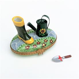 ,RETIRED GARDEN BOOT & WATERING CAN TRINKET BOX WITH 'SURPRISE' GARDEN SHOVEL. HAND-PAINTED, ARTIST SIGNED. 2" TALL, 2.75" LONG, 2" WIDE    