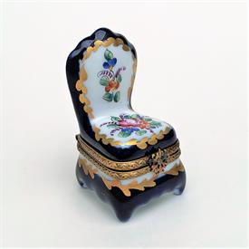 ,RARE RETIRED TRADITIONAL STYLE CHAIR WITH COBALT BLUE & FLORAL MOTIF BY DUBARRY. HAND PAINTED. 2.25" TALL, 1.2" WIDE, 1.25" DEEP           