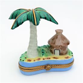 ,RARE BALI TROPICAL ISLAND TRINKET BOX WITH PALM TREE & GRASS HUT. HAND PAINTED, NUMBERED 107 OF 300. 3.2" TALL, 2.95" WIDE, 2.5" LONG      