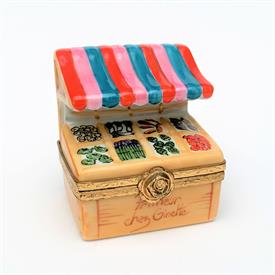 ,RETIRED ARTORIA MARKET VEGETABLE STALL TRINKET BOX. HAND PAINTED, SIGNED, NUMBERED. 2" TALL, 2" WIDE, 1.7" LONG                            