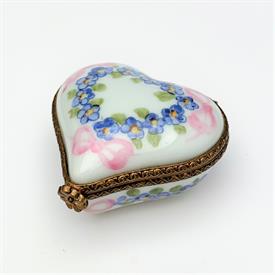 ,VINTAGE HEART TRINKET BOX WITH PINK BOWS & FORGET-ME-NOT MOTIF. HAND PAINTED, SIGNED. 1.15" TALL, 1.9" WIDE, 2" LONG                       
