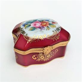 ,VINTAGE TRADITIONAL STYLE BURGUNDY CASKET/TRINKET BOX WITH FLORAL MOTIF BY IMPERIA LIMOGES. 2.5" TALL, 2.4" WIDE, 2" DEEP                  