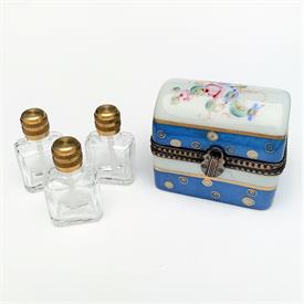 ,RETIRED DUBARRY PERFUME CHEST/CASKET WITH 3 BOTTLES. HAND PAINTED, SIGNED. 1.9" TALL, 1.5" LONG, 2.1" WIDE                                 