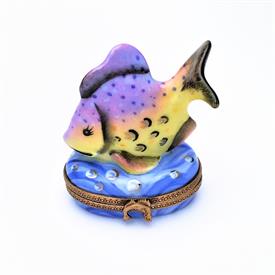 ,RETIRED PURPLE & YELLOW FISH TRINKET BOX WITH ORIGINAL BOX. HAND PAINTED, SIGNED, NUMBERED 22. 2.25" TALL, 2" LONG, 1.5" WIDE              