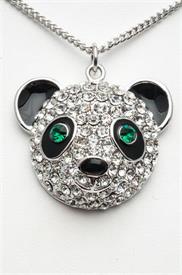 _18" RHODIUM PLATED PANDA HEAD PENDANT WITH GREEN EYES.                                                                                     