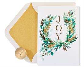 _12 CARDS AND LINED ENVELOPES JOY WREATH."MAY THIS HOLIDAY SEASON BRING PEACE AND HAPPINESS"                                                