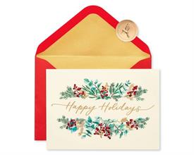 _:GREENERY HOLIDAY BOXED CARDS, 12 COUNT. INSIDE READS 'WISHING YOU AND YOURS THE VERY BEST OF THE SEASON'.                                 