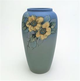 ,1920'S WELLER POTTERY VASE SIGNED BY ARTIST DOROTHY ENGLAND. YELLOW ROSE ON BLUE MOTIF. 8.75" TALL                                         