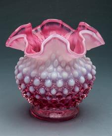 FENTON (UNMARKED) CRANBERRY OPALESCENT HOBNAIL VASE WITH RUFFLED EDGE. 4.5"H                                                                
