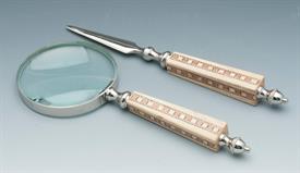 -51803 MAGNIFYING GLASS AND LETTER OPENER. 10"IN LENGTH INLAID WOOD DESIGN WITH CROME.                                                      