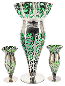 ,3-PIECE ALVIN STERLING OVERLAY GREEN GLASS VASES. TWO 6.5" TALL, ONE 14" TALL. CIRCA EARLY 1900'S. SIGNED                                  