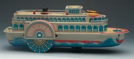 :MODERN TOY QUEEN RIVER TIN LITHO PADDLE BOAT NO BOX. 13.5L X 5.25"H EXCELLENT WORKING CONDITION!!!                                         