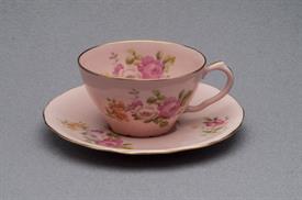 :LANEIGE PINK CUP AND SAUCER WITH FLOWERS. RARE AMERICAN CHINA COMPANY.                                                                     