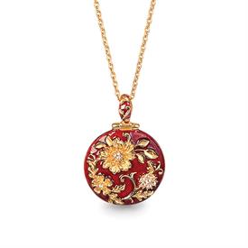 -FLORAL LEAF PENDANT IN SIAM. 30" CHAIN WITH 2" EXTENDER. 18K GOLD FINISH WITH HAND ENAMELING & HAND SET SWAROVSKI CRYSTALS                 