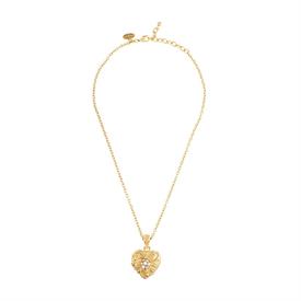 -,GILDED SCROLL FLOWER HEART PENDANT. 1.5" 18K GOLD FINISHED PENDANT SET W/ SWAROVSKI CRYSALS. 16" LONG CHAIN WITH 2" EXTENDER              