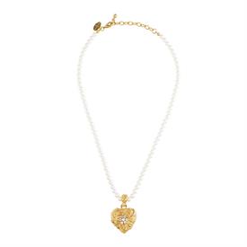 -,SCROLL & FLOWER HEART PENDANT ON GLASS PEARL CHAIN. 1.5" 18K GOLD FINISHED PENDANT SET W/ SWAROVSKI CRYSTALS. 16" LONG CHAIN W/ 2" EXTENDE