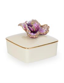 -BAILEY TULIP PORCELAIN BOX IN FLORA. TOPED WITH HAND ENAMELED FLOWER SET WITH SWAROVSKI CRYSTALS. 4.5" WIDE, 4.25" TALL                    